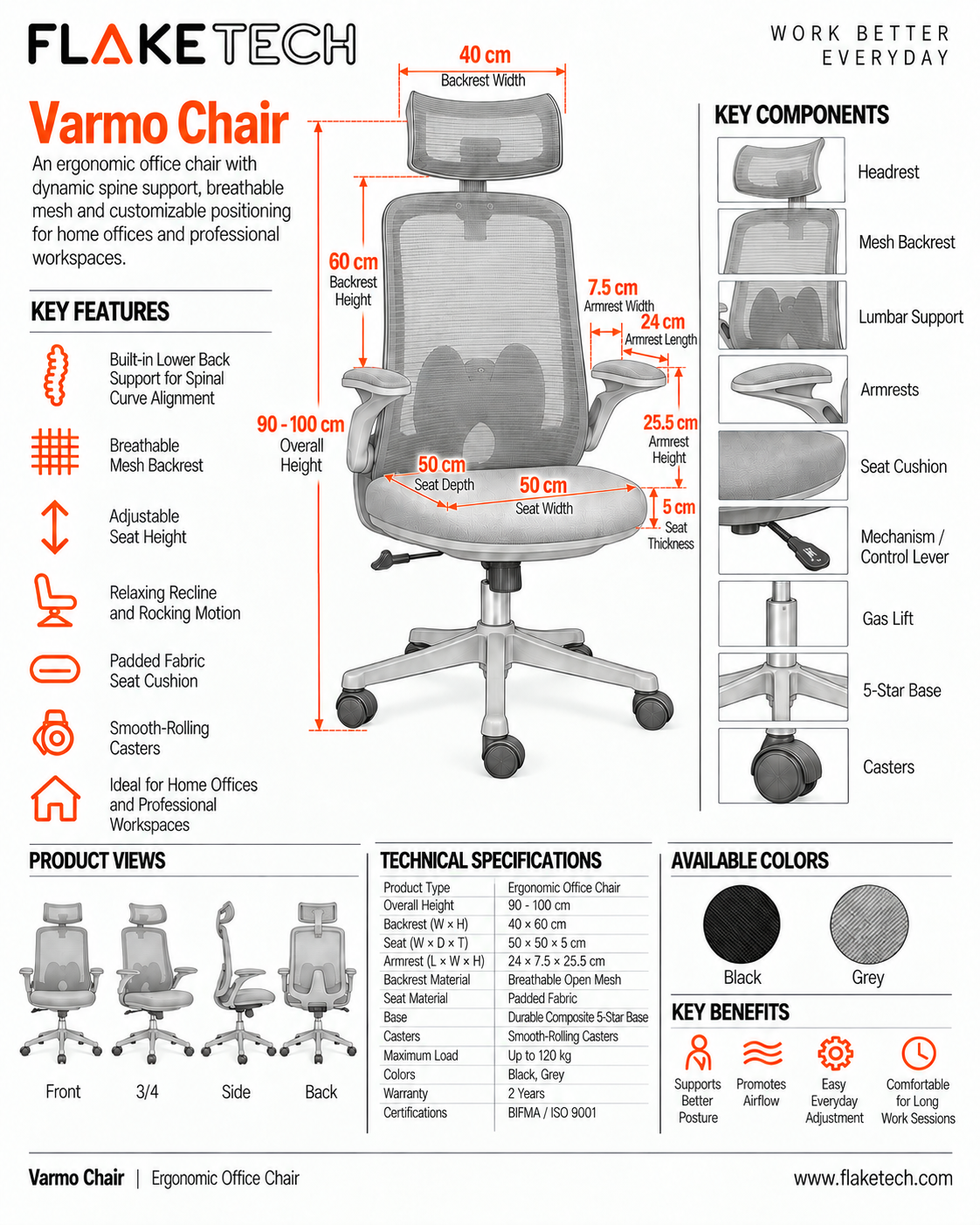 office chair with headrest-flaketech