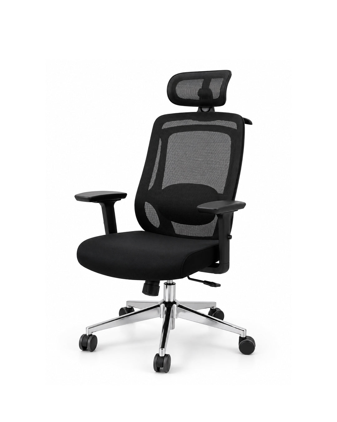 A modern black mesh office chair with a headrest, adjustable armrests, a padded seat, and a chrome five-star base on a white background.